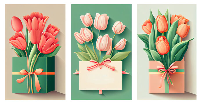 Three bouquets of Tulips. Bouquet of spring fresh flowers wrapped in craft paper. Beautiful lush tulips for Mother's Day. Holiday floral decor. Generative Ai.