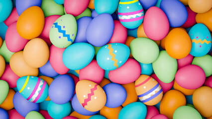 Fototapeta na wymiar Easter background. Pile of colorful Easter eggs for web banner. Chocolate Easter eggs with decoration. Pool of colored eggs background wallpaper