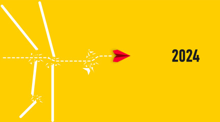 The plane flying to 2024 by overcoming the obstacles. 2024 annual plan idea concept. business creativity new idea discovery innovation technology. strategic plan, success-oriented working idea