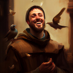 St Saint Francis of Assisi art painting illustration with birds. Generative Ai. - obrazy, fototapety, plakaty