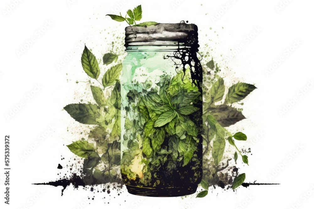 Sticker A refreshing mojito made with lime, lemon, and mint, served in a mason jar, is the perfect outdoor drink for the summer. Generative AI