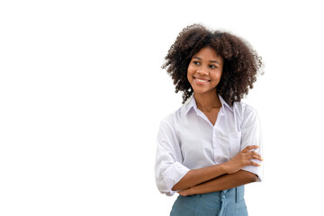 Portrait of beautiful happy black woman standing with arms crossed with white background