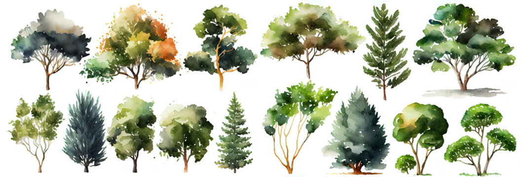 Watercolor trees collection. Set of hand drawn trees. Forest tree pack. Generative Ai.