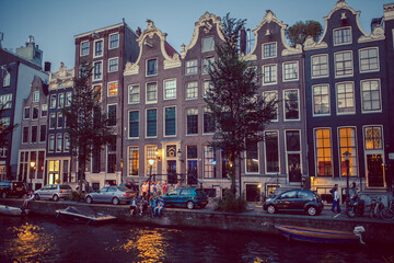 Evening in Amsterdam, Netherlands. Historical city center by the canal