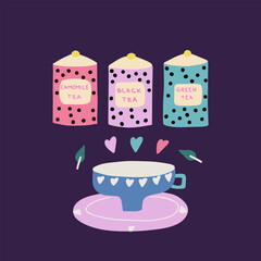 Three jars with black, green, and camomile tea. Cup of tea against a dark background. Cute flat vector illustration. 