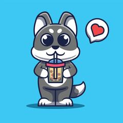 Obraz na płótnie Canvas Cute Dog Mascot Drinking Boba Cartoon Illustration.