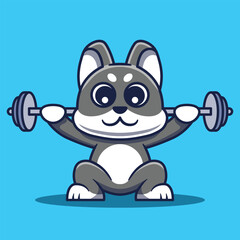 Cute Dog Mascot Exercising Lifting Barbell Cartoon Illustration.