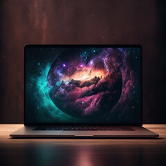 An illustration featuring a computer, monitor, and other devices including a laptop, set against the backdrop of a vibrant galaxy.