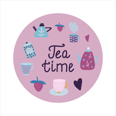 Big set of elements for tea time. including teapot, tea cups, sugar jar, teabag, tea leaves, spoon, jars with tea, strawberries. Cute flat vector illustration in hand drawn style.