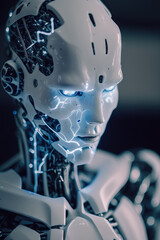 close up portrait photo of incomplete humanoid android, covered in white porcelain skin, blue eyes, glowing internal parts, still getting assembled, missing parts. Generative AI