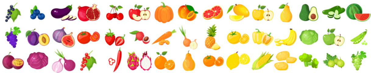 A large mega set of vegetables and fruits in a juicy cartoon style. The concept of healthy food and products. A bright element for your design.