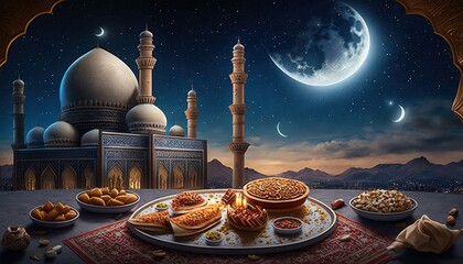 Ramadan Feast Under Starlit Sky AI Generated Print - obrazy, fototapety, plakaty