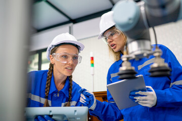 Two pretty professional technician or engineer women help to check the system use controller and...
