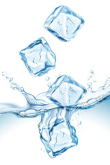 Transparent realistic vector  water splash, drop and ice cubes on light background. 