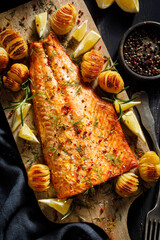 Baked salmon fillet with hasselback potatoes, lemon and fresh herbs served on a wooden board,  top view