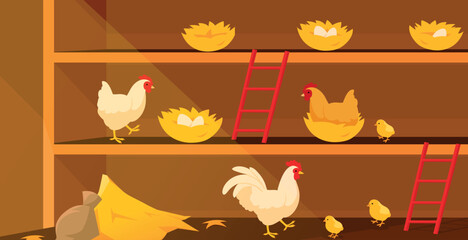 Chicken coop banner. Animals and nest with eggs. Farming and agriculture. Natural and organic products. Mother with kids, chicks. Hen house on farm, rural barn. Cartoon flat vector illustration © Rudzhan