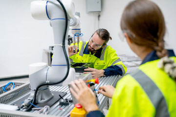 Two Caucasian professional technician or engineer workers sit in workplace and help to check and work with quality control the robotic arm machine in factory together and look happy during work.