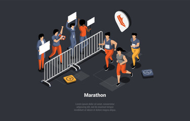 Marathon And Sport Competition Concept. Male And Female Athletic Men And Women Run on Stadium. Fans With Posters Support Participants. People Making Cardio In Group. Isometric 3d Vector Illustration
