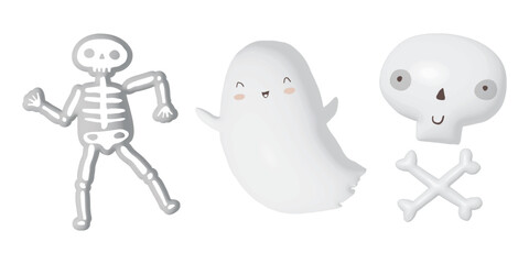 Cute Hand Drawn Halloween Card with Little Ghost, Happy Skull and Dancing Skeleton on a White Background. Kawaii Style Halloween Toys Print ideal for Wall Art, Poster, Card, Party Decoration.