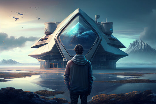 A man stands in front of a futuristic house, made with Generative AI