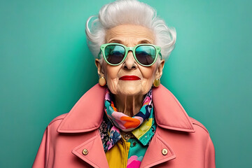 Happy and funny cool old lady with fashionable clothes portrait on colored background -  grandmother with extravagant style, concepts about lifestyle, seniority and elderly people. Generative AI - obrazy, fototapety, plakaty