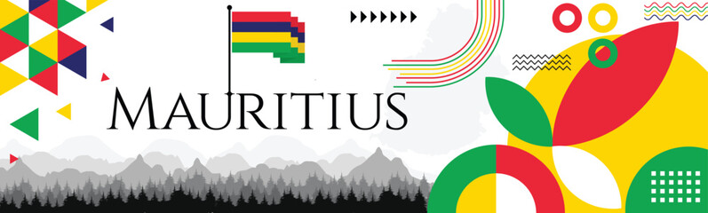 MAURITIUS INDEPENDENCE DAY banner with name and map. Flag color themed Geometric abstract retro modern Design. Red, blue yellow and green color vector illustration template graphic design.