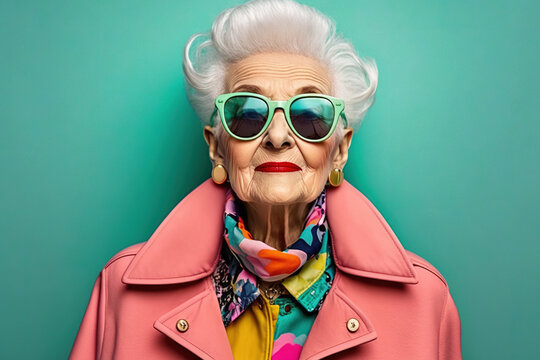 Happy and funny cool old lady with fashionable clothes portrait on colored background -  grandmother with extravagant style, concepts about lifestyle, seniority and elderly people. Generative AI