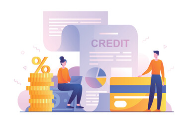 People with credit. Man and woman with bank card and gold coins evaluating documents. Financial literacy, analysis of savings and family budget. Debt and interest. Cartoon flat vector illustration