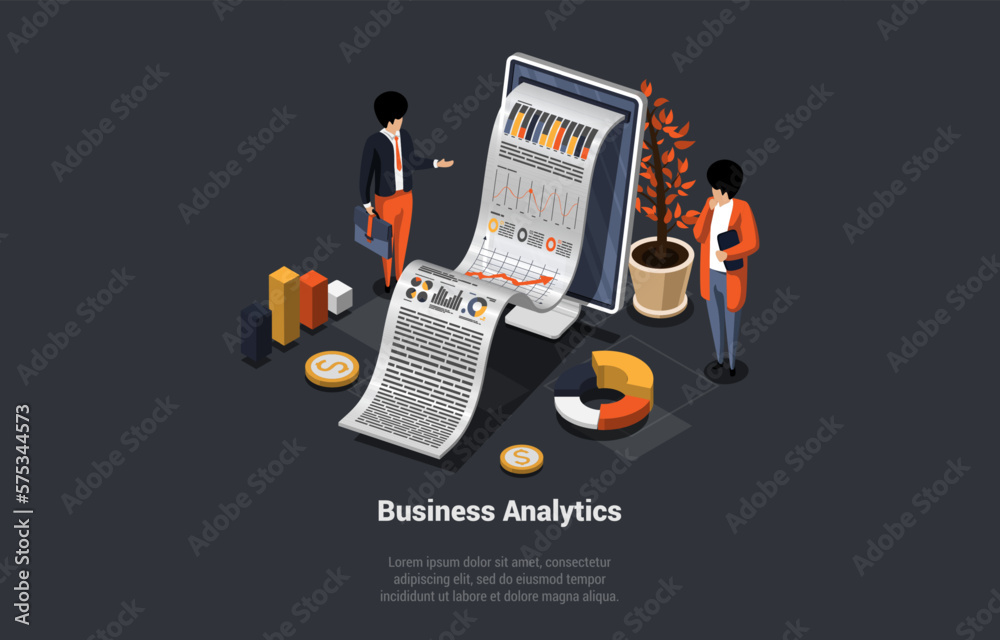Poster application with business graph and analytics data. characters analysis trends and financial strateg