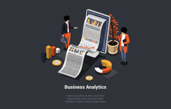 Application With Business Graph And Analytics Data. Characters Analysis Trends And Financial Strategy By Using Infographic Chart. Online Statistics, Data Analytics. Isometric 3d Vector Illustration