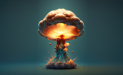 Terrible explosion of a nuclear bomb with a mushroom. Hydrogen bomb test. Nuclear catastrophe. 3d render illustration in cartoon style. Generative AI art.