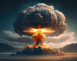 Terrible crash explosion of a nuclear bomb with a mushroom in the desert. Hydrogen bomb test. Nuclear catastrophe. 3d render illustration. Generative AI art.