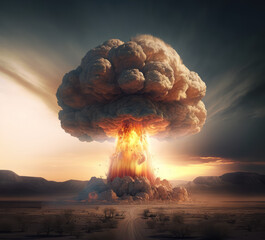 Terrible explosion of a nuclear bomb war with a mushroom in the empty desert. Hydrogen bomb test. Nuclear catastrophe. 3d render illustration. Generative AI art.