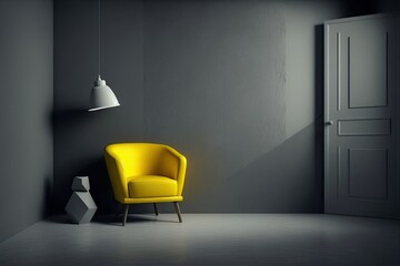 A single yellow armchair sits against a blank, dark wall. Generative AI