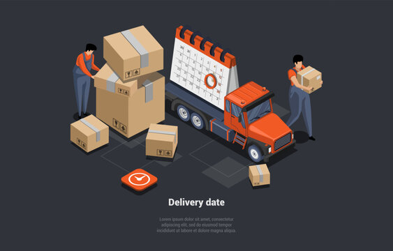 On Time Delivery Goods, Parcels And Gifts Concept. Storehouse Worker Courier With Cardboard Box In Hands, Controls Timing Of Storage And Limely Delivery To Customers. Isometric 3D Vector Illustration