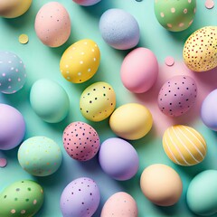 Fototapeta na wymiar Top view photo of easter decorations multicolored easter eggs on isolated pastel background. Colorful Easter Egg bottom border over a pastel paper banner background. Generative Ai