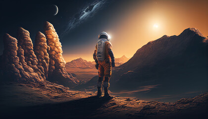 Obraz premium Journey into the Unknown: Astronaut Discovering an Alien World. Generative AI