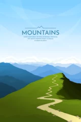 Foto op Aluminium Mountain landscape. The path leading up to the top. A panoramic view of the mountains opens from the top of the rock. Summer sunny day. Vector illustration for background, wallpaper, postcard, cover. © i_mARTy