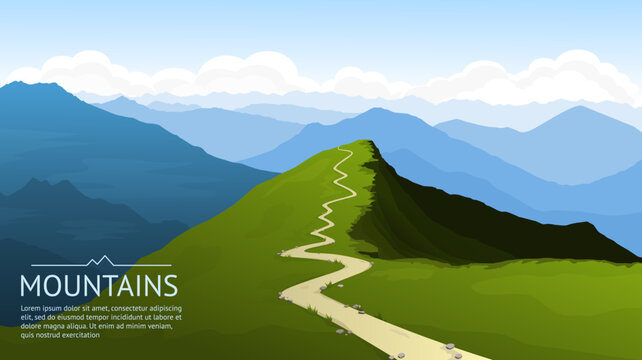 Mountain landscape. The path leading up to the top. A panoramic view of the mountains opens from the top of the rock. Warm summer sunny day. Vector illustration background.