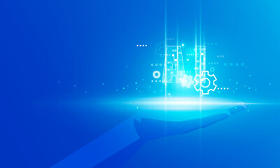 Abstract technology Hitech communication concept of private key in digital world, polygon hand holding AI(Artificial Intelligence) vector design.