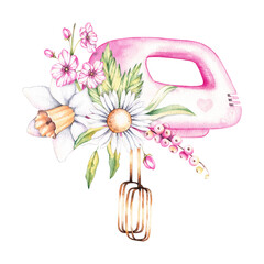 Watercolor pink dip mixer with a bouquet of spring flowers