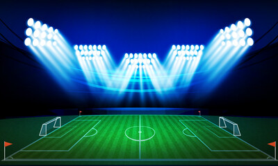Fototapeta premium Football arena field with bright stadium lights vector design.