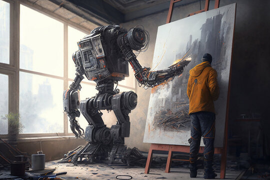 The robot and man draws on the easel, made with Generative AI