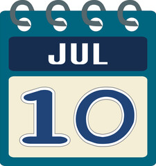 Flat icon calendar 10 of July. Date, day and month. PNG illustration . Blue teal green color banner. 10 Jun. 10th of Jul.