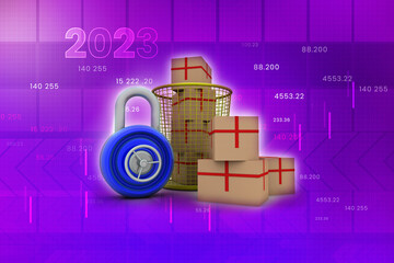 3d rendering Cardboard boxes in bin protected lock