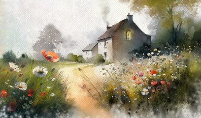 Old house in the woods, watercolor painting of a landscape in the morning, landscape with flowers and grass