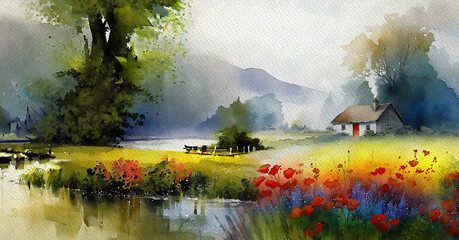 Old house in the woods, watercolor painting of a landscape in the morning, landscape with flowers and grass © Liliia Chyzhevska