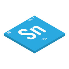 Tin, Sn, periodic table element with name, symbol, atomic number and weight. Post-transition metal with various industrial uses, such as in certain types of alloys, and as a component in certain types
