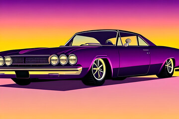 Obraz na płótnie Canvas Retro design with sports car and sunset view. Night city silhouette backgground. AI generated illustration