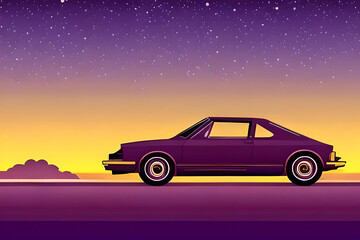 Retro design with sports car and sunset view. Night city silhouette backgground. AI generated illustration
